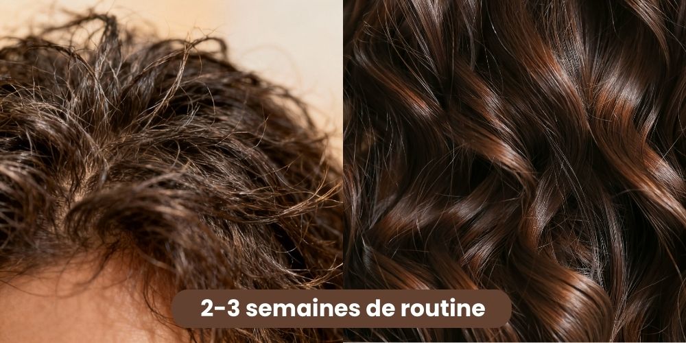 Avant-après routine nutrition Fauvert : cheveux fragilisés vs cheveux nourris brillants